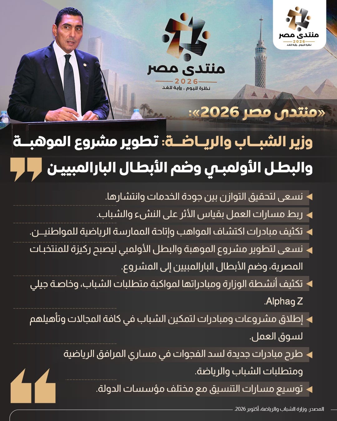 وزير الشباب والرياضة: تطوير مشروع الموهبة والبطل الأولمبي وضم الأبطال البارالمبيين