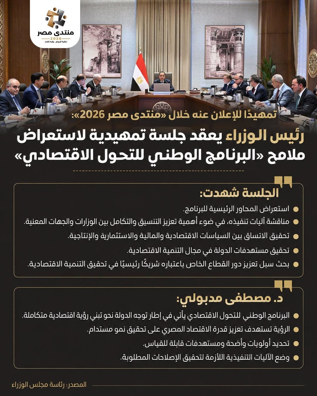 عقد الدكتور مصطفى مدبولي، رئيس مجلس الوزراء، جلسة تنسيقية تمهيدًا للإعلان عن ملامح «البرنامج الوطني للتحول الاقتصادي» خلال «منتدى مصر 2026».
